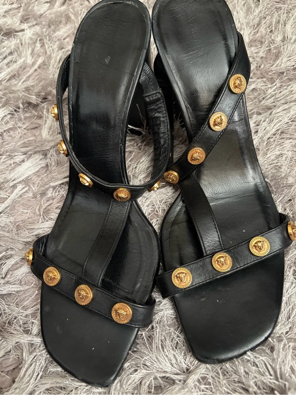 Versace Black Leather Gold-Medallion Heeled Sandals
